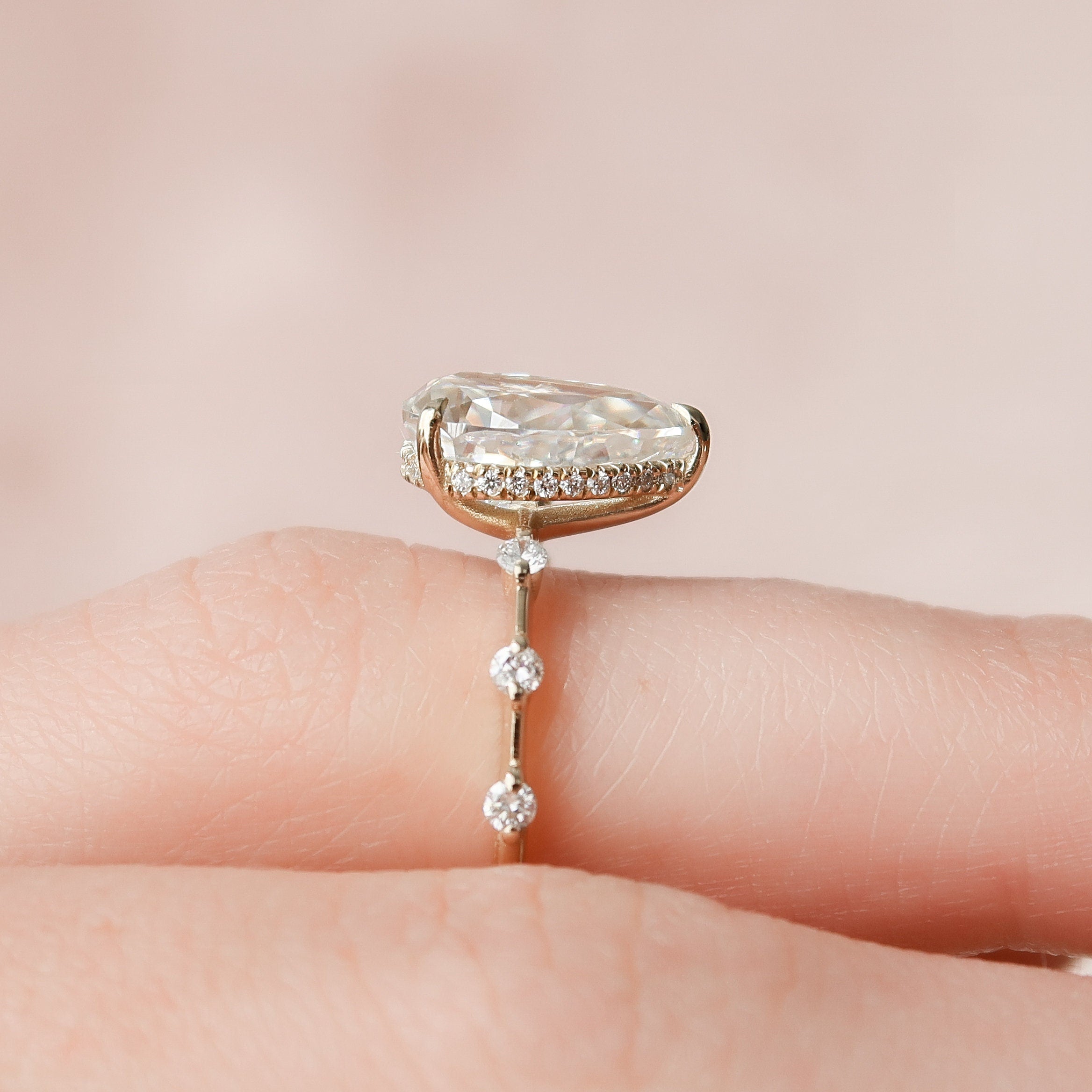 2.27 CT Pear Moissanite Hidden Halo Dainty Pave Engagement Ring