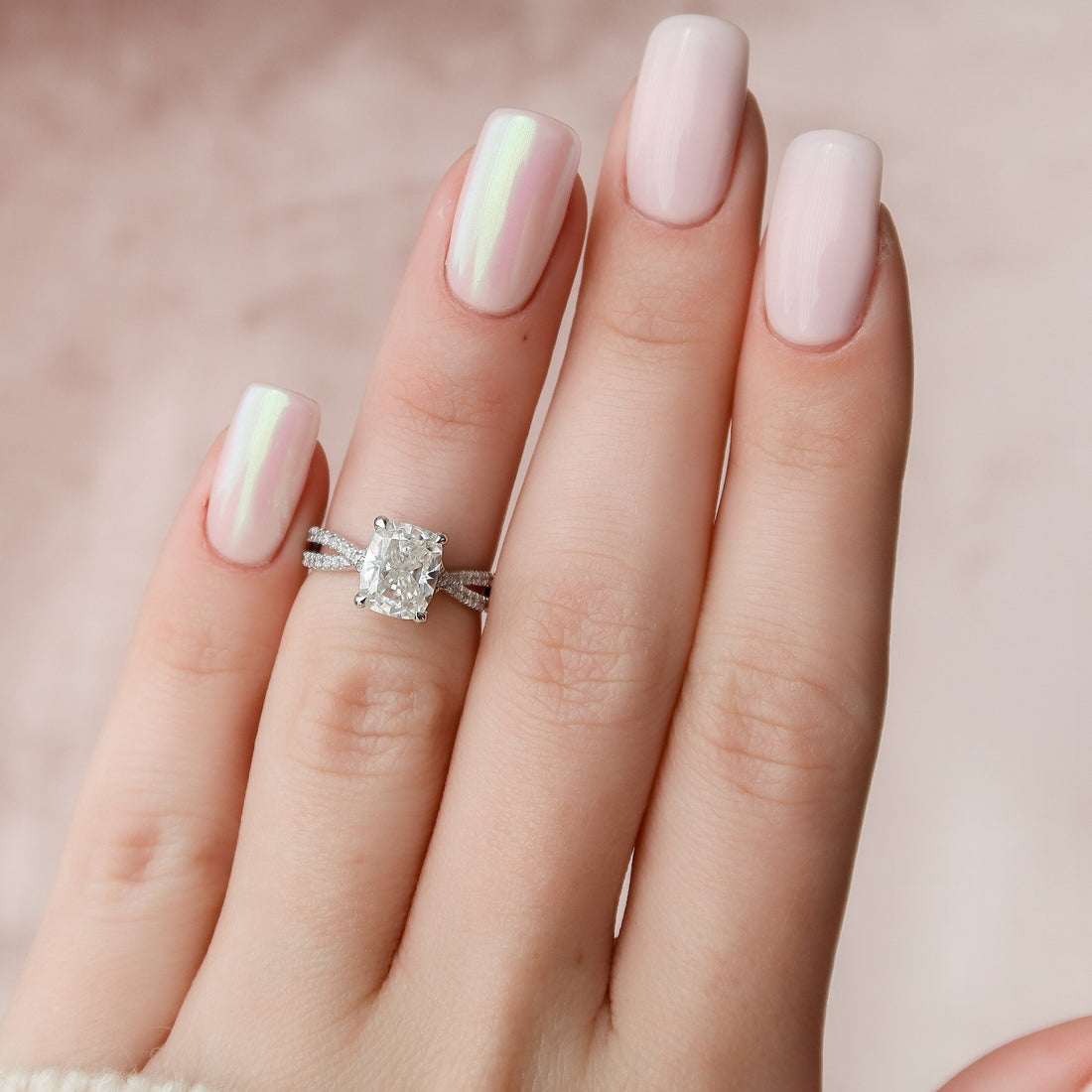 2.0CT Cushion Cut Moissanite Split Shank Style Engagement Ring
