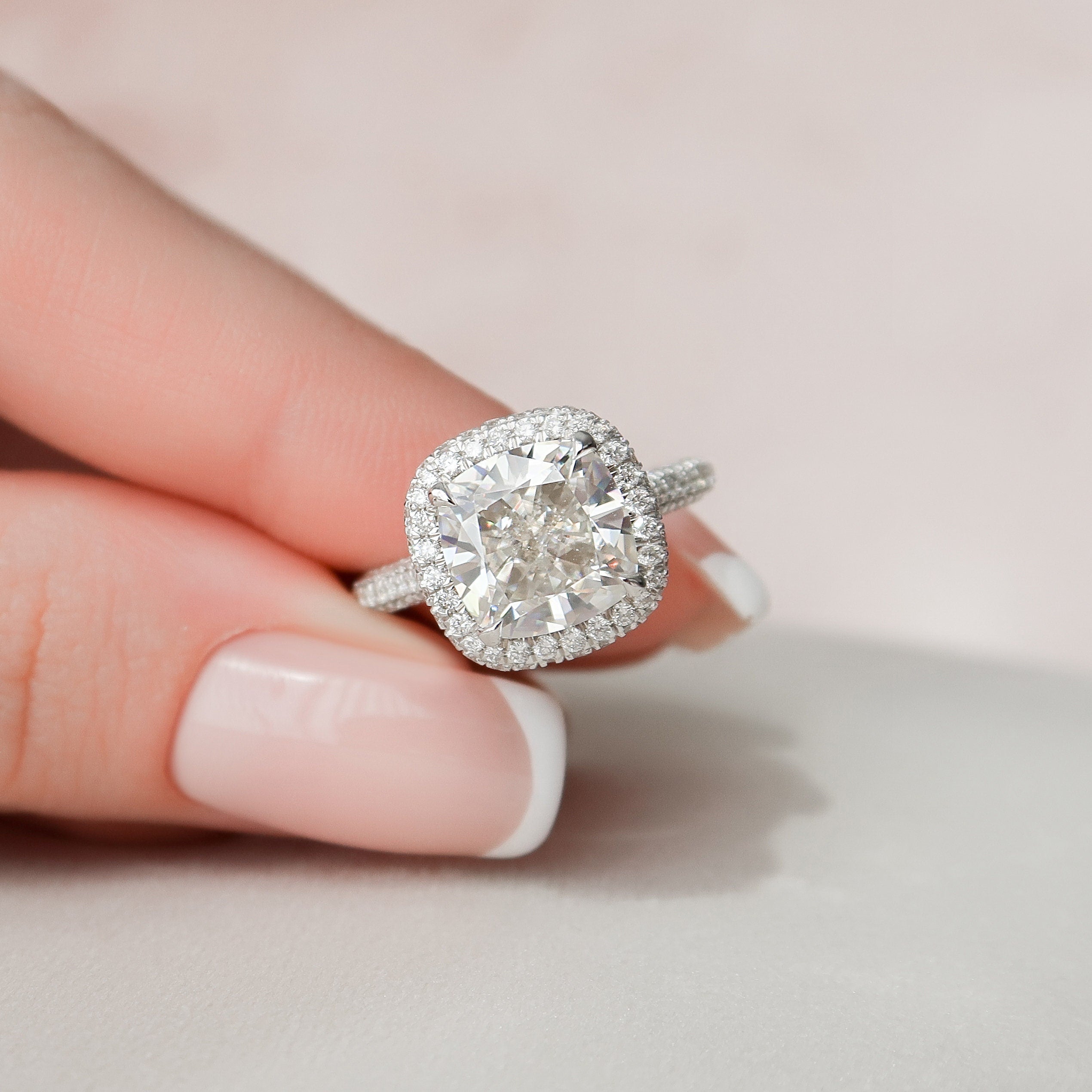 4.0CT Cushion Moissanite Halo Triple Pave Setting Engagement Ring