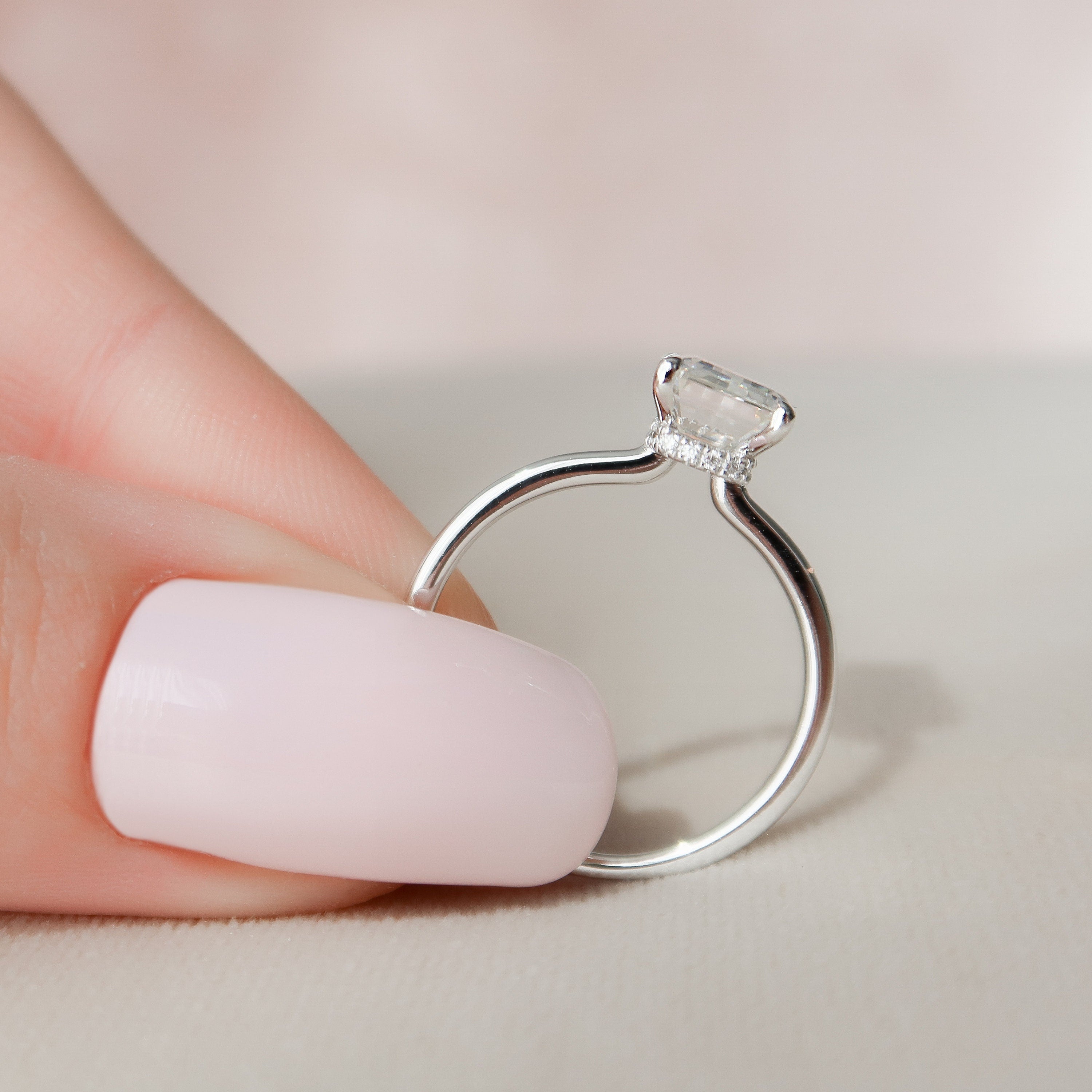 2.0CT Emerald Moissanite Solitaire Engagement Ring With Hidden Halo Setting