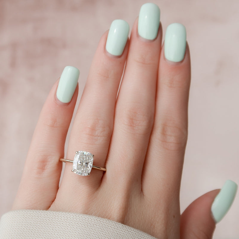 4.0CT Elongated Cushion Moissanite Solitaire Hidden Halo Setting Engagement Ring