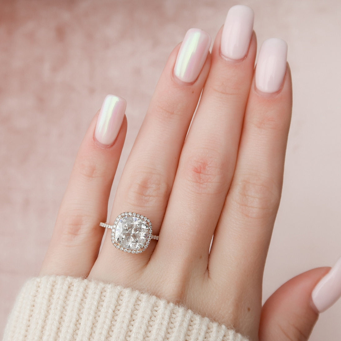5.0CT Cushion Moissanite Halo Pave Setting Engagement Ring