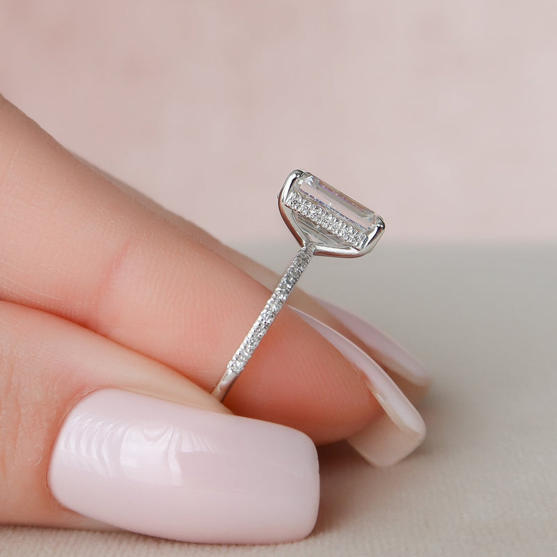 3.25CT Emerald Moissanite Hidden Halo Pave Setting Engagement Ring