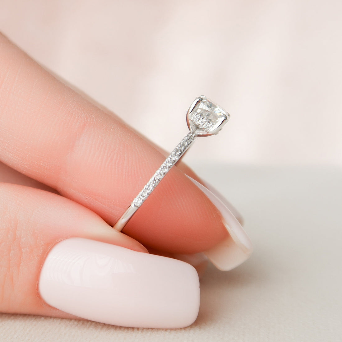 1.0CT Cushion Solitaire Hidden Halo Style Moissanite Engagement Ring