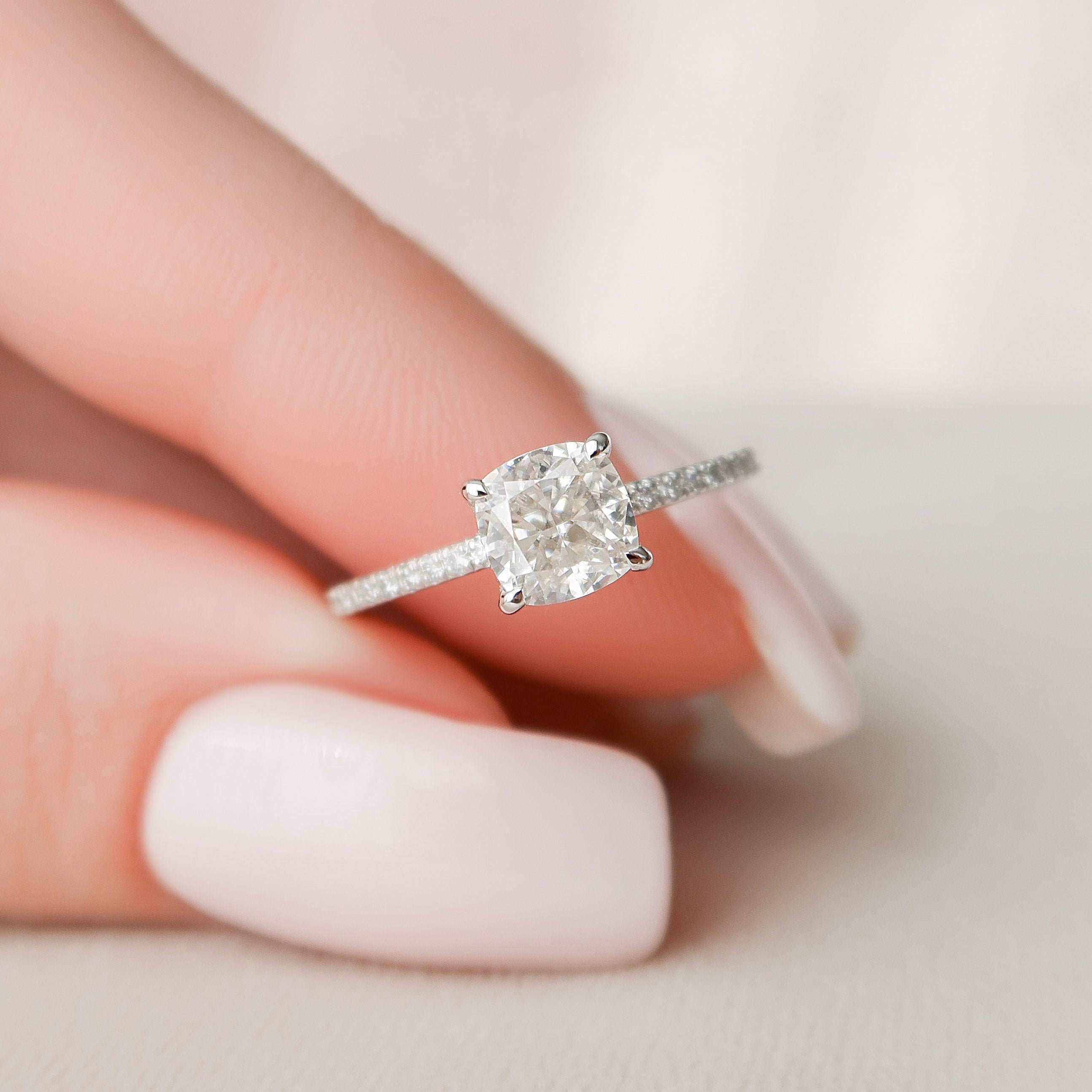 1.0CT Cushion Solitaire Hidden Halo Style Moissanite Engagement Ring