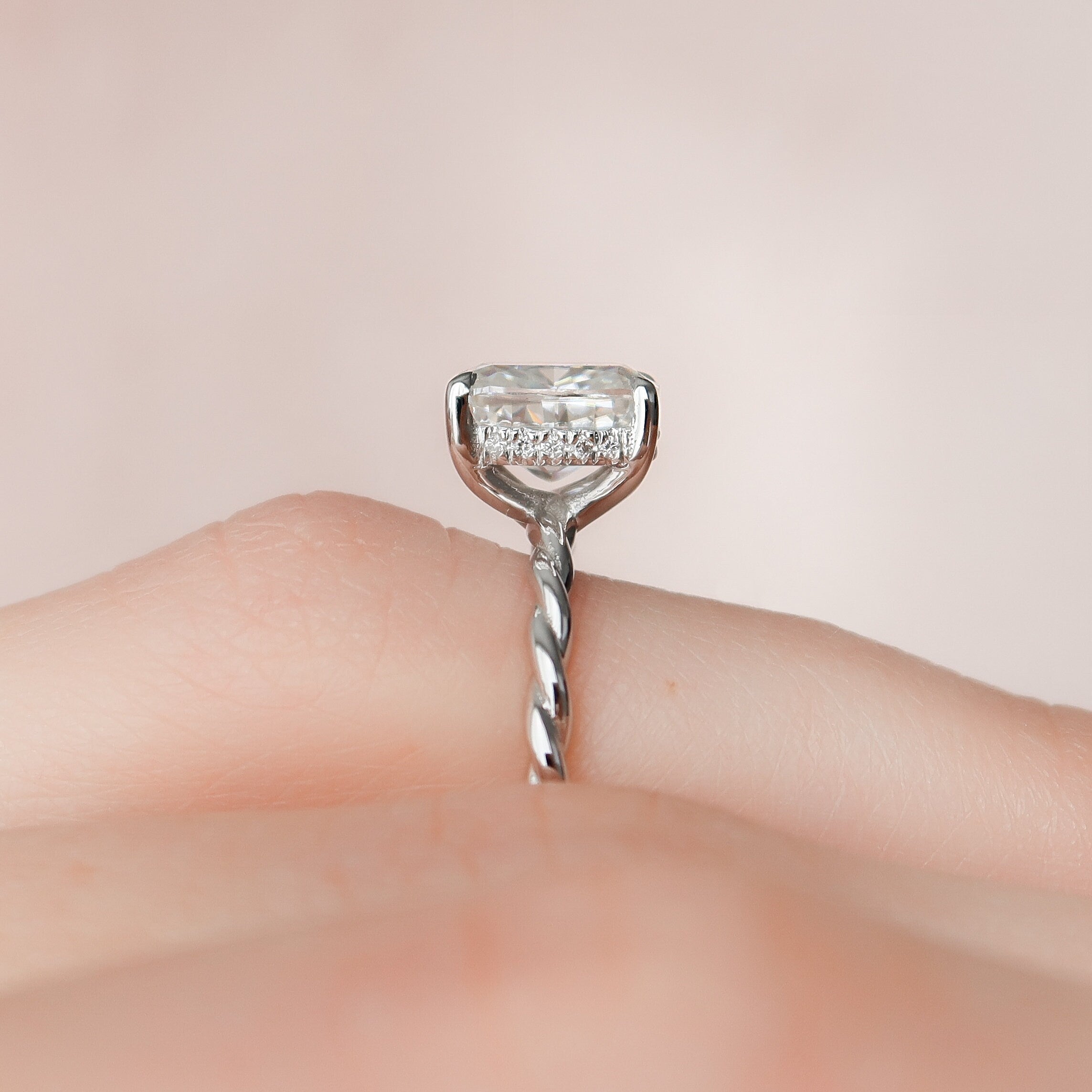 2.0CT Elongated Cushion Moissanite Hidden Halo Engagement Ring