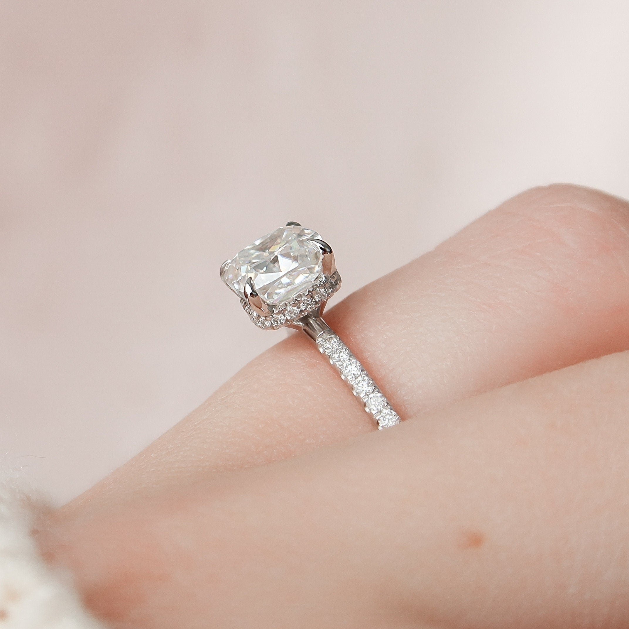 1.50CT Cushion Cut Hidden Halo Pave Style Moissanite Engagement Ring