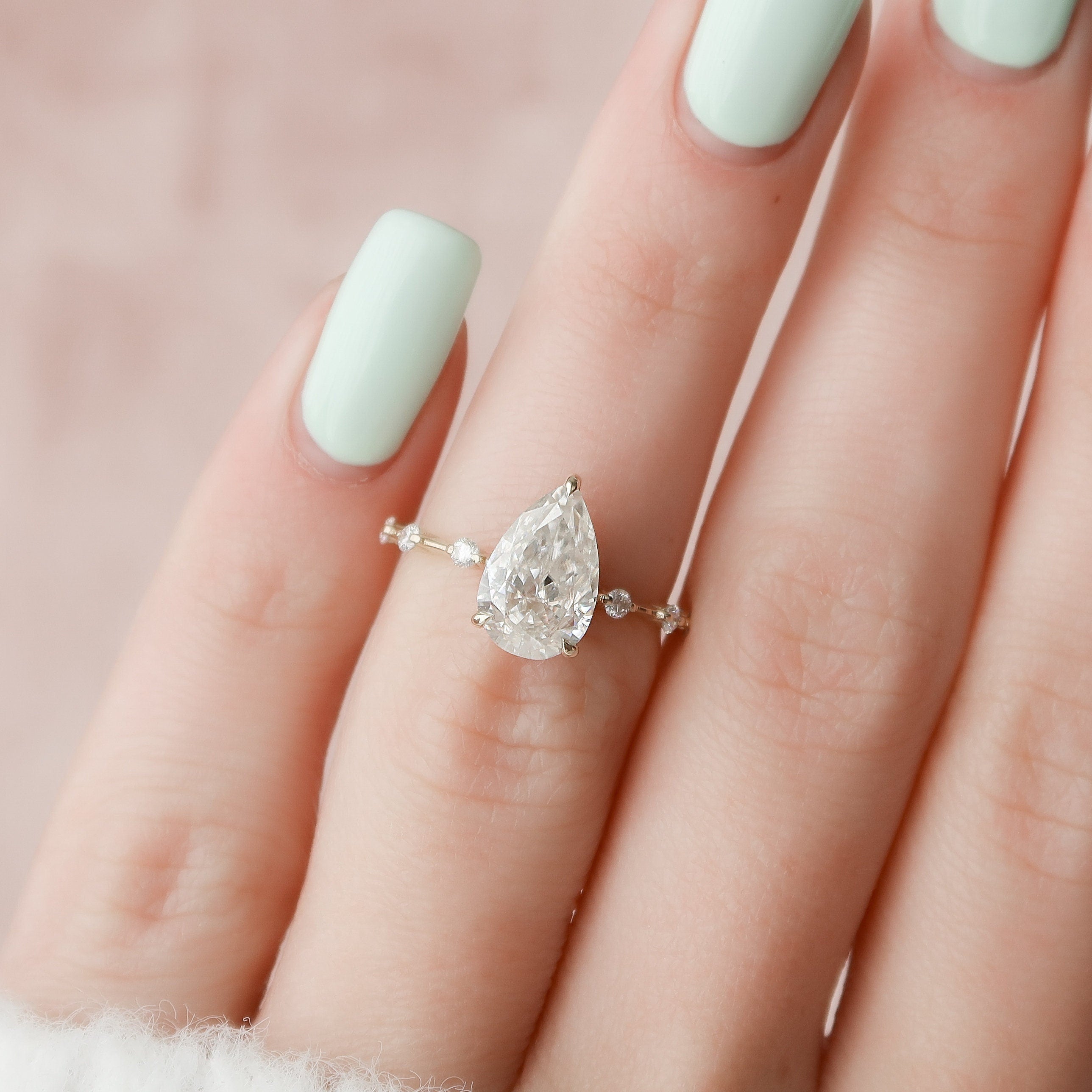 2.27 CT Pear Moissanite Hidden Halo Dainty Pave Engagement Ring