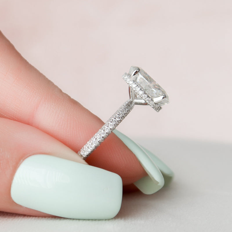 3.0CT Oval Moissanite Hidden Halo Triple Pave Setting Engagement Ring