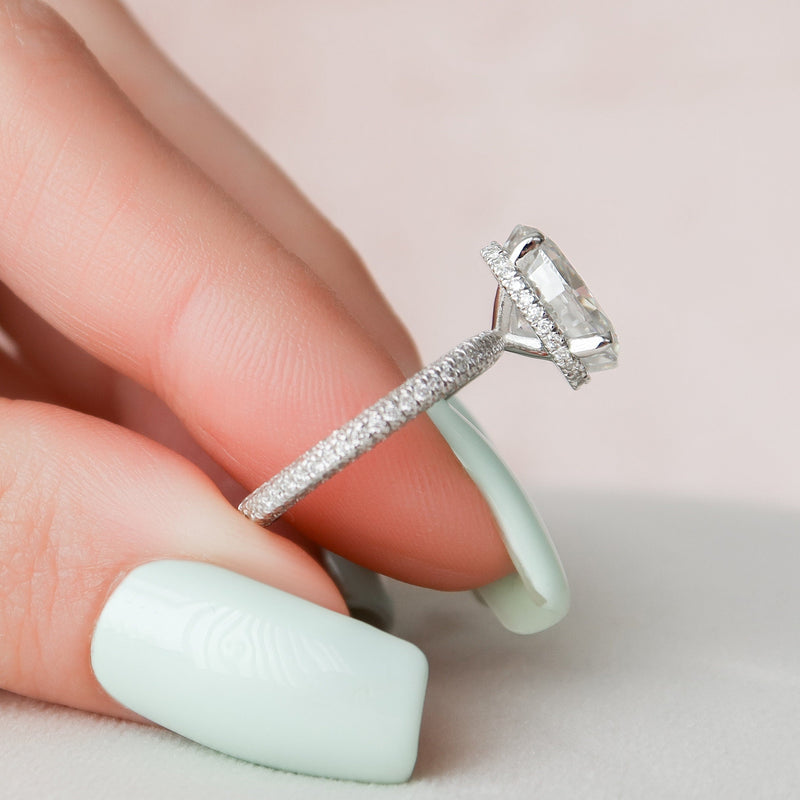 3.0CT Oval Moissanite Hidden Halo Triple Pave Setting Engagement Ring