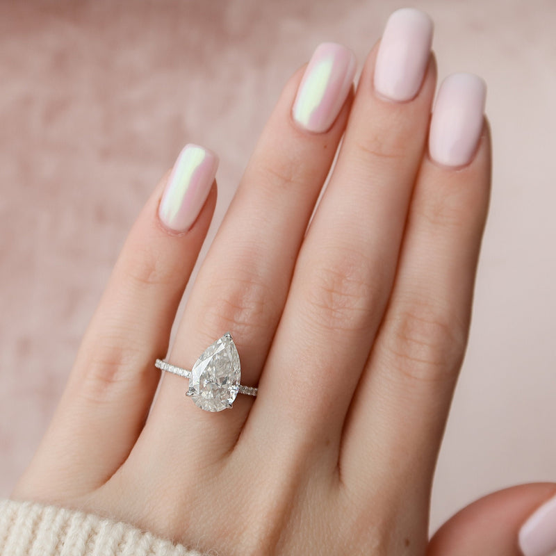 3.0CT Pear Moissanite Hidden Halo Pave Setting Engagement Ring