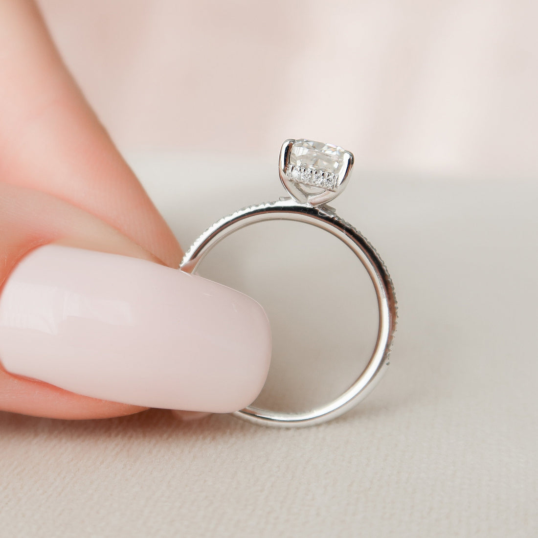1.0CT Cushion Solitaire Hidden Halo Style Moissanite Engagement Ring