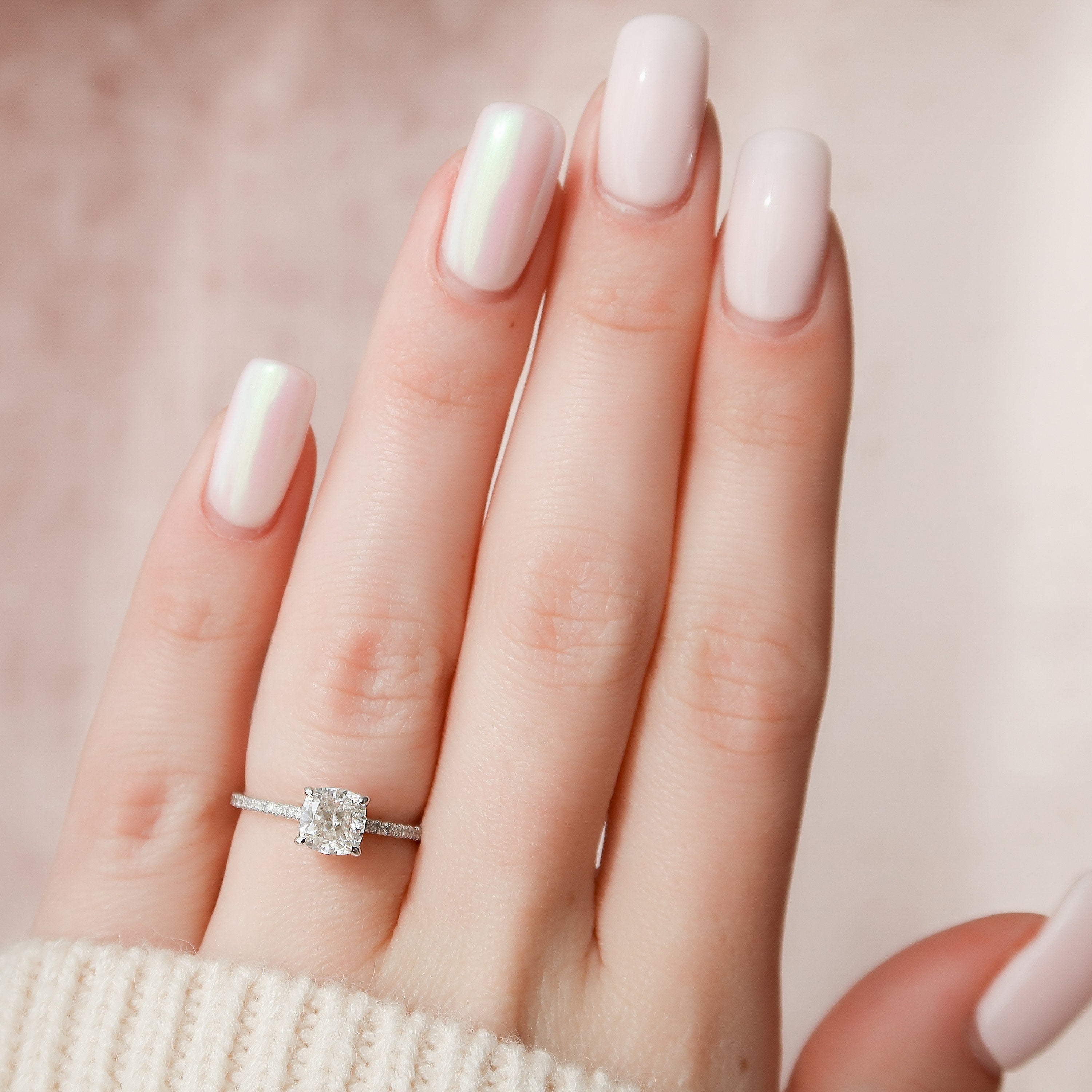 1.0CT Cushion Solitaire Hidden Halo Style Moissanite Engagement Ring