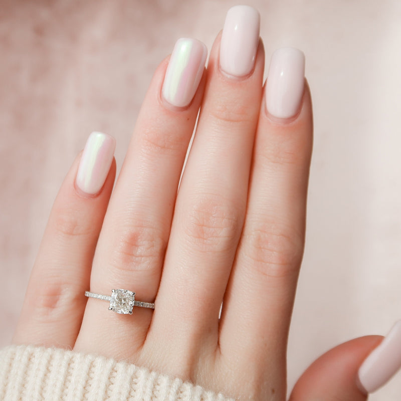 1.0CT Cushion Solitaire Hidden Halo Style Moissanite Engagement Ring