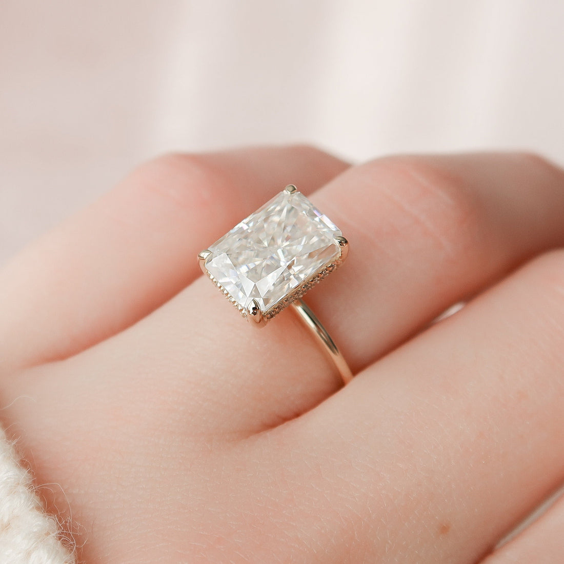 4.50CT Radiant Moissanite Solitaire Hidden Halo Setting Engagement Ring