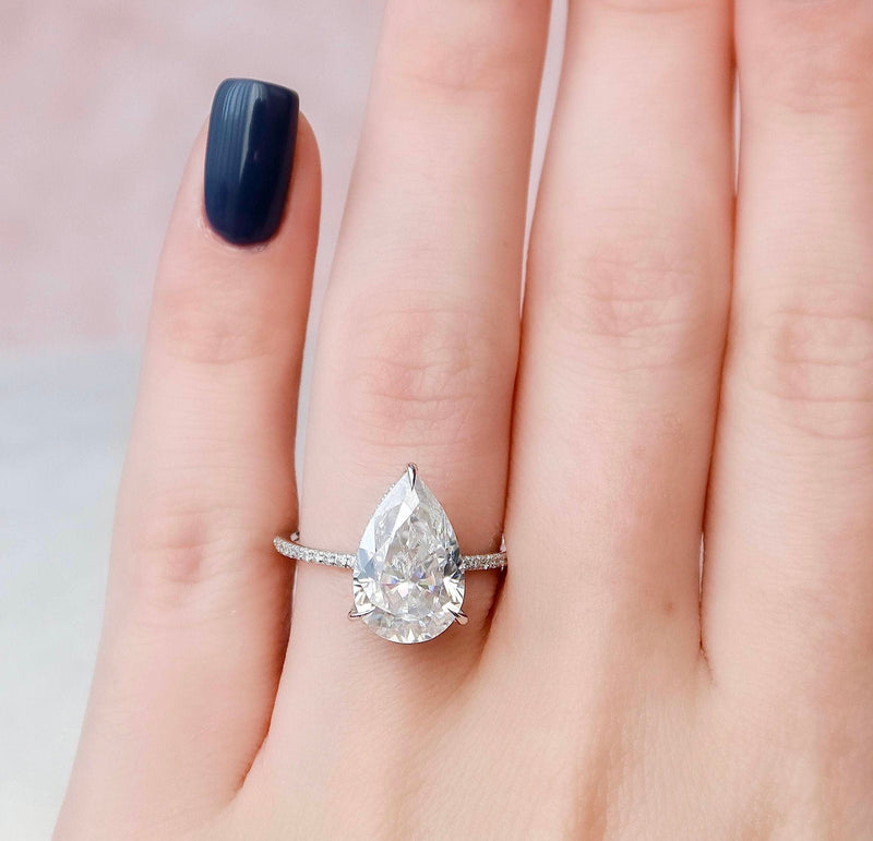 4.50CT Pear Moissanite Hidden Halo Pave Setting Engagement Ring