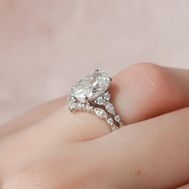 3.0CT Oval Cut Moissanite Cluster Bridal Ring Set