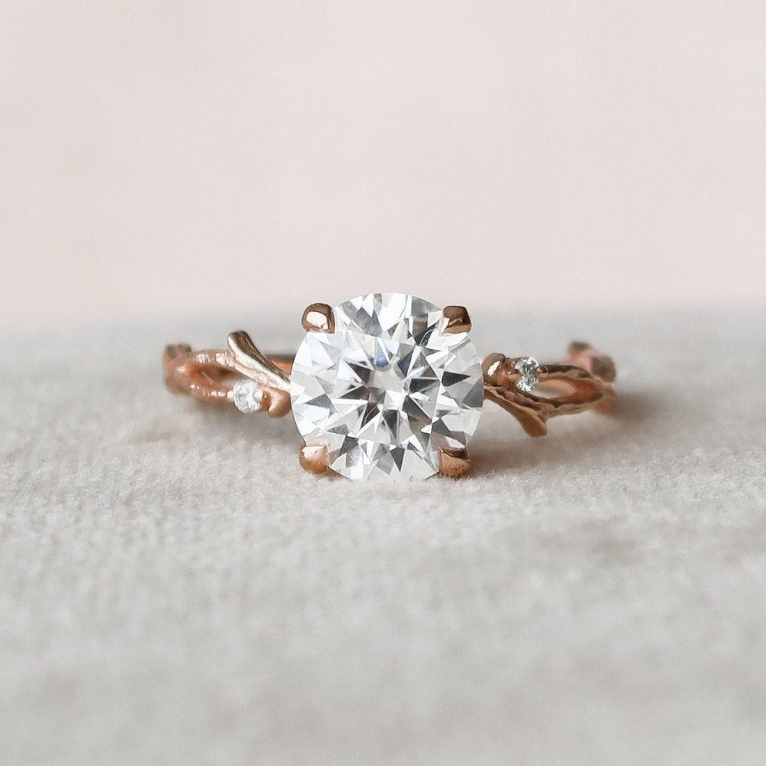 2.03 T Round Cut Moissanite Twig Nature Inspired Diamond Engagement Ring