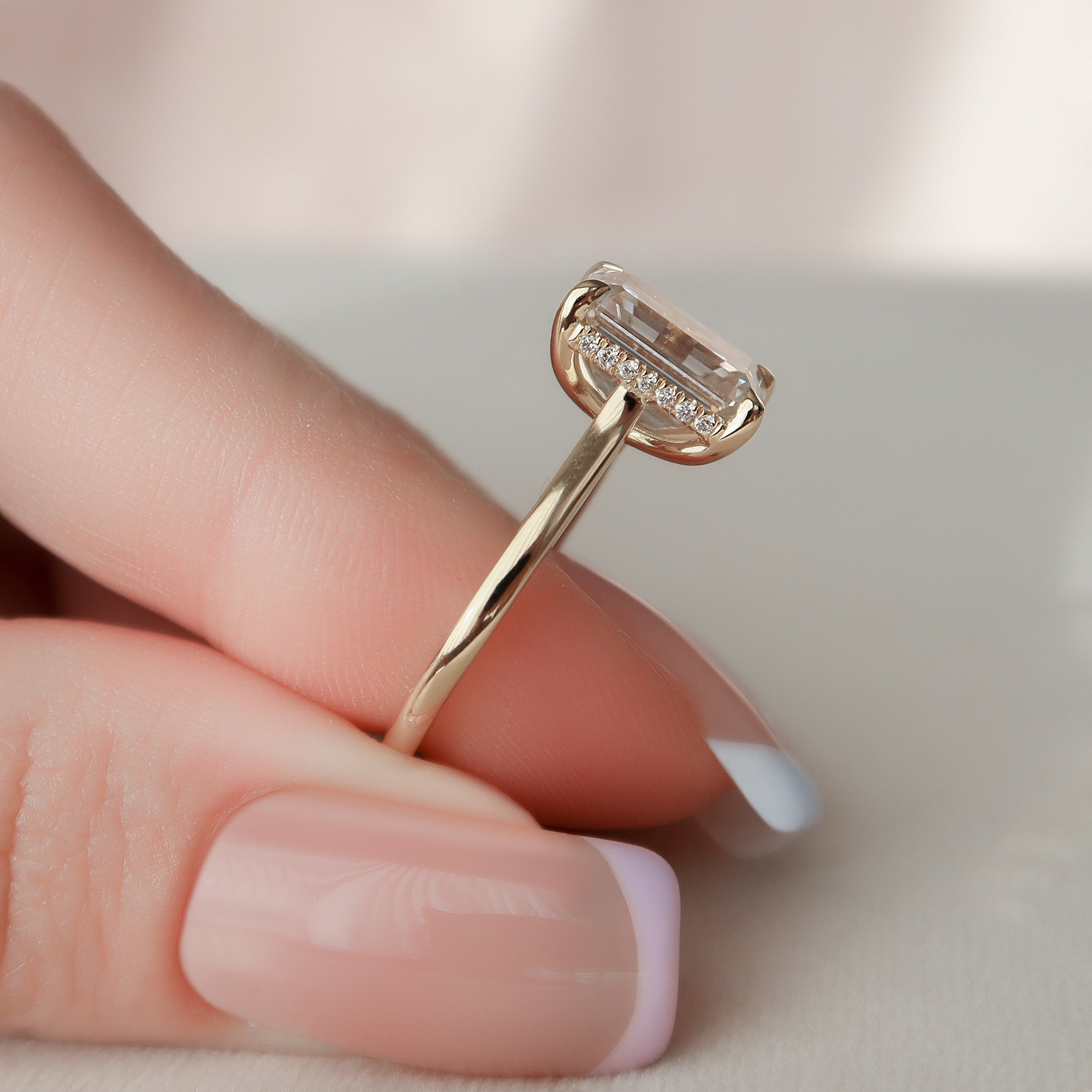 3.0CT Emerald Moissanite Solitaire Hidden Halo Setting Diamond Engagement Ring