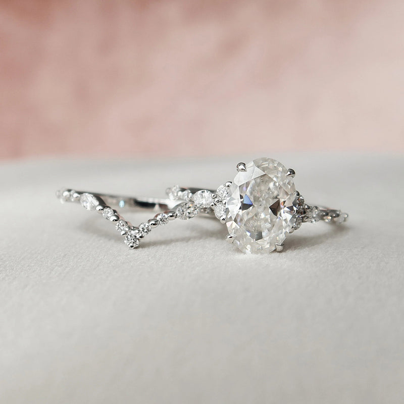 3.0CT Oval Cut Moissanite Cluster Bridal Ring Set