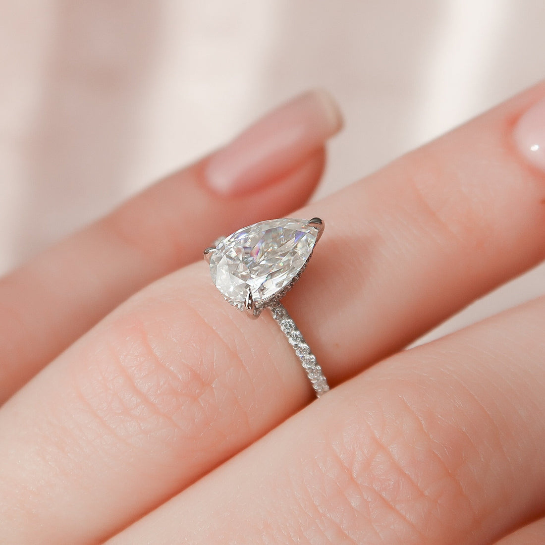 1.50CT Pear Moissanite Hidden Halo Pave Setting Engagement Ring