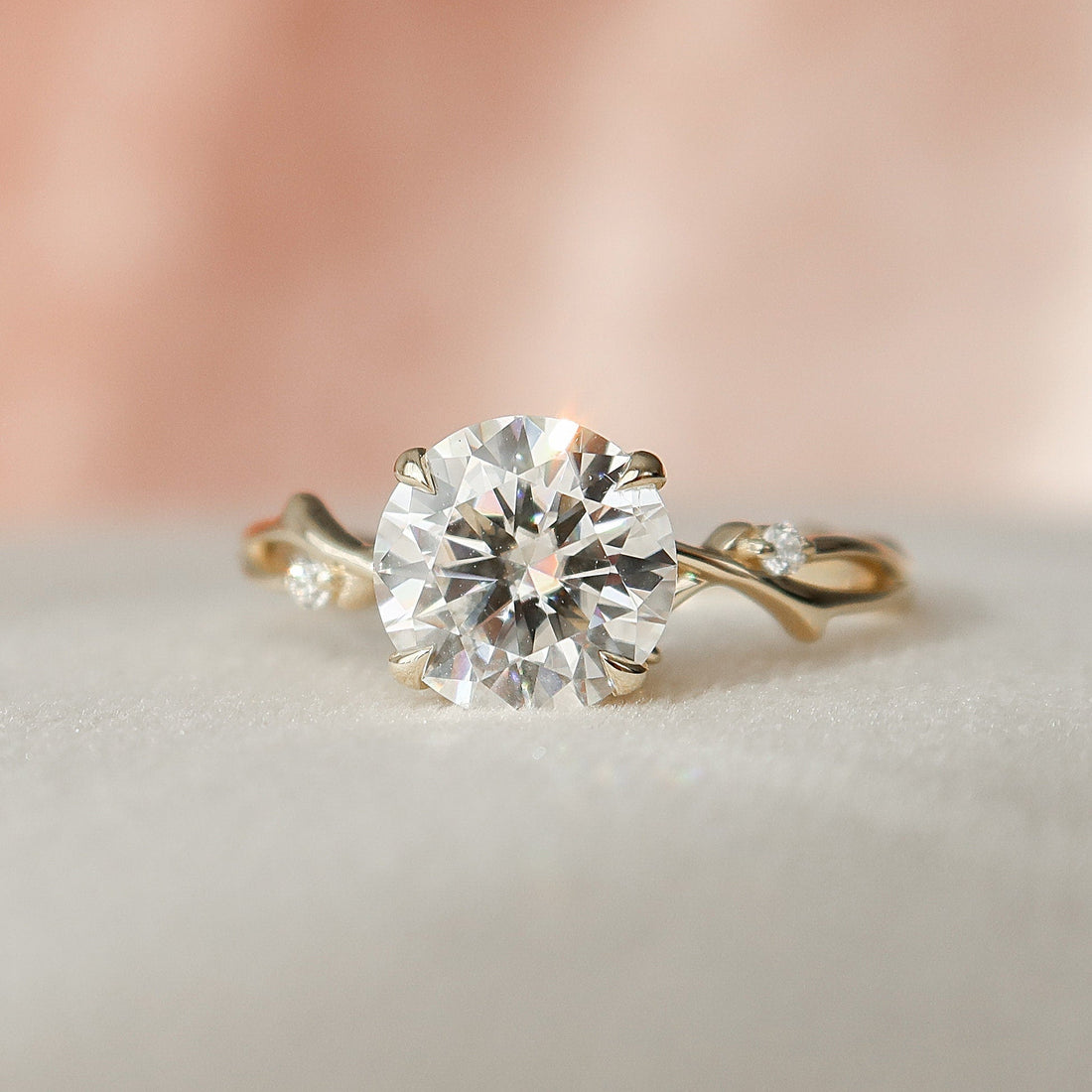 2.03 T Round Cut Moissanite Twig Nature Inspired Diamond Engagement Ring