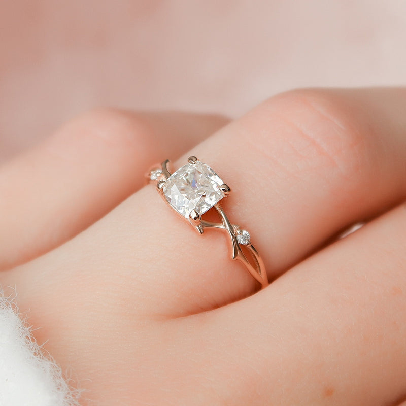 1.0CT Cushion Cut Twig Style Moissanite Engagement Ring