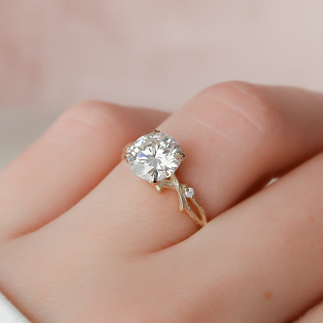 2.03 T Round Cut Moissanite Twig Nature Inspired Diamond Engagement Ring