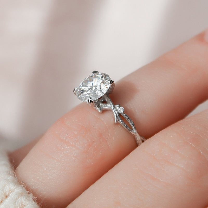 2.03 T Round Cut Moissanite Twig Nature Inspired Diamond Engagement Ring