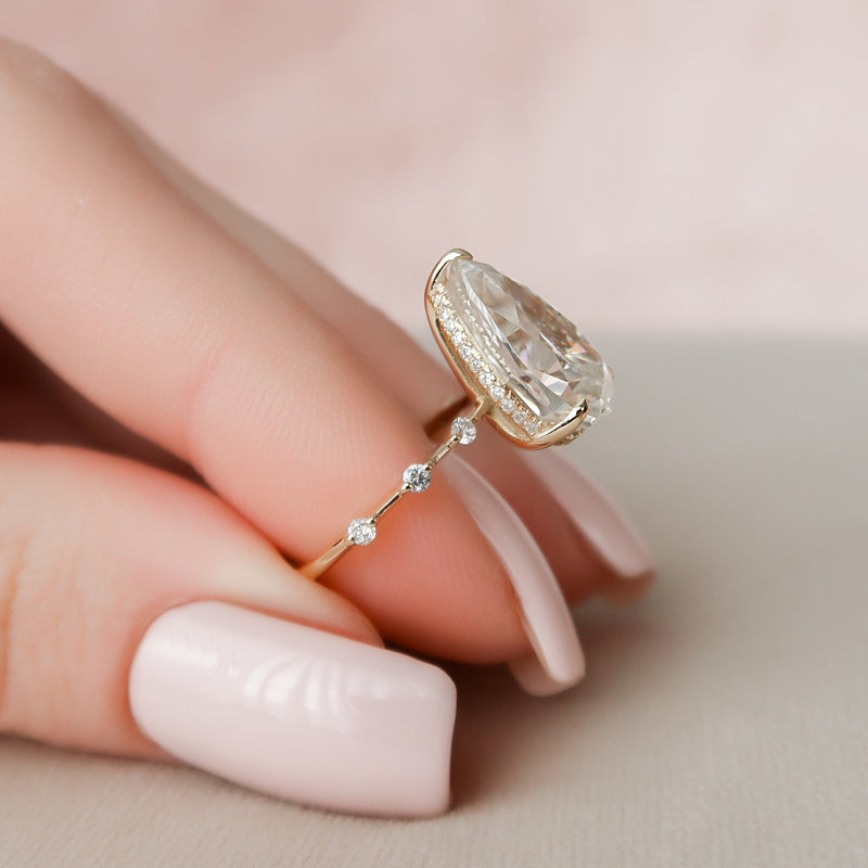 3.50CT Pear Moissanite Solitaire Hidden Halo Dainty Style Engagement Ring