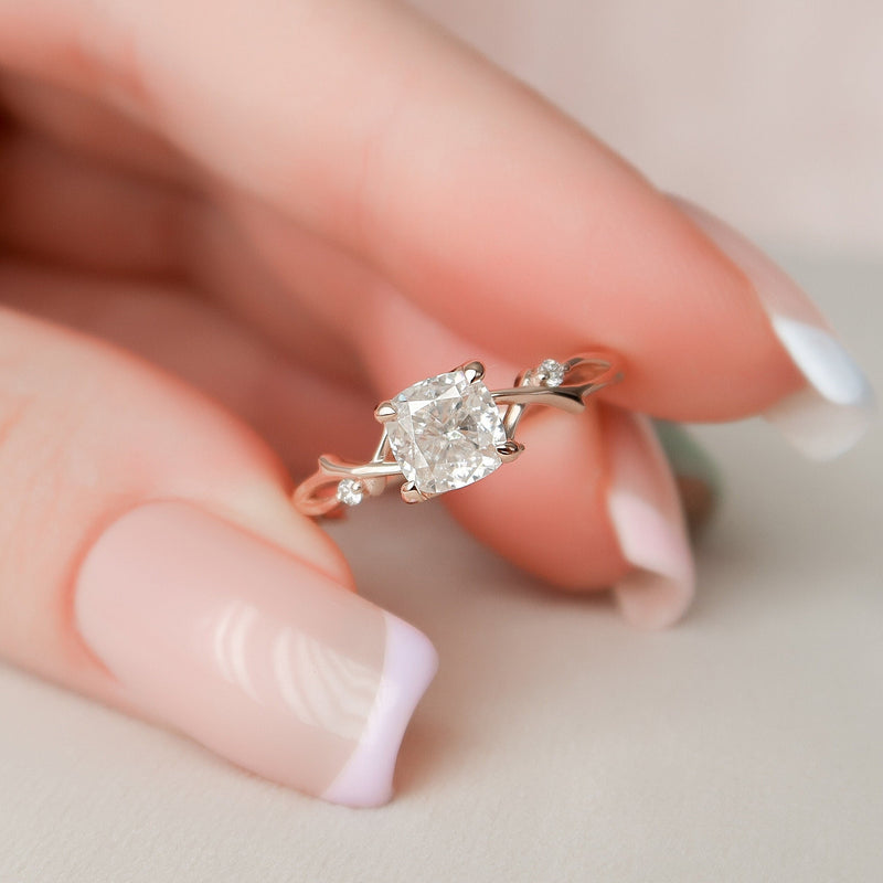 1.0CT Cushion Cut Twig Style Moissanite Engagement Ring