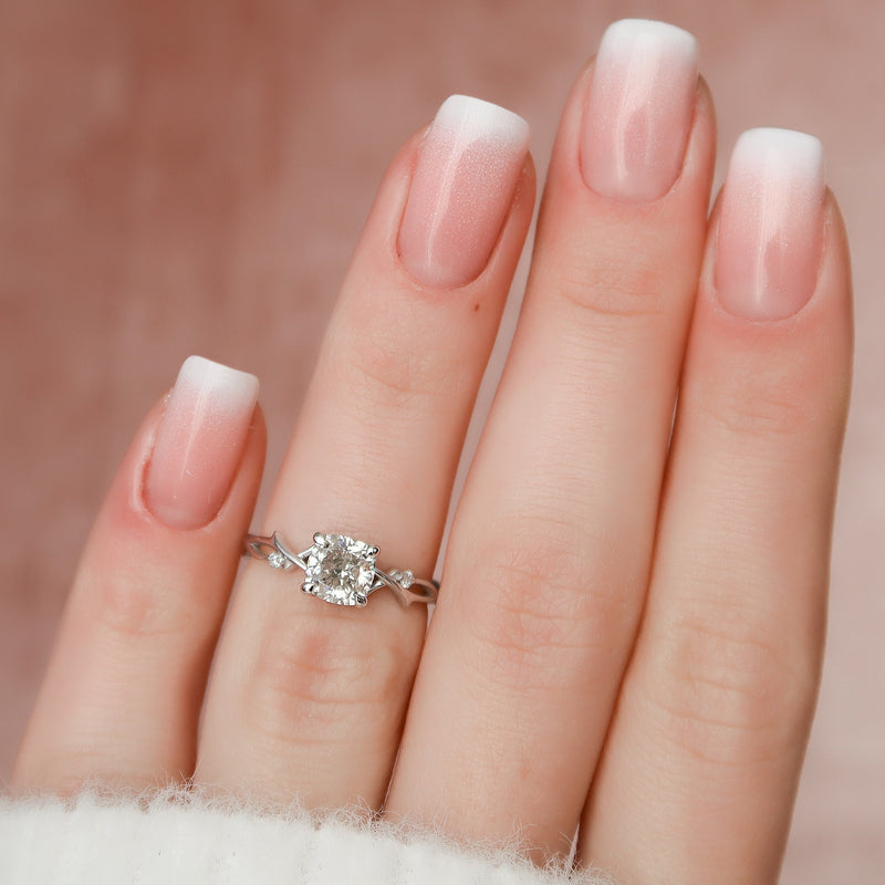 1.0CT Cushion Cut Twig Style Moissanite Engagement Ring