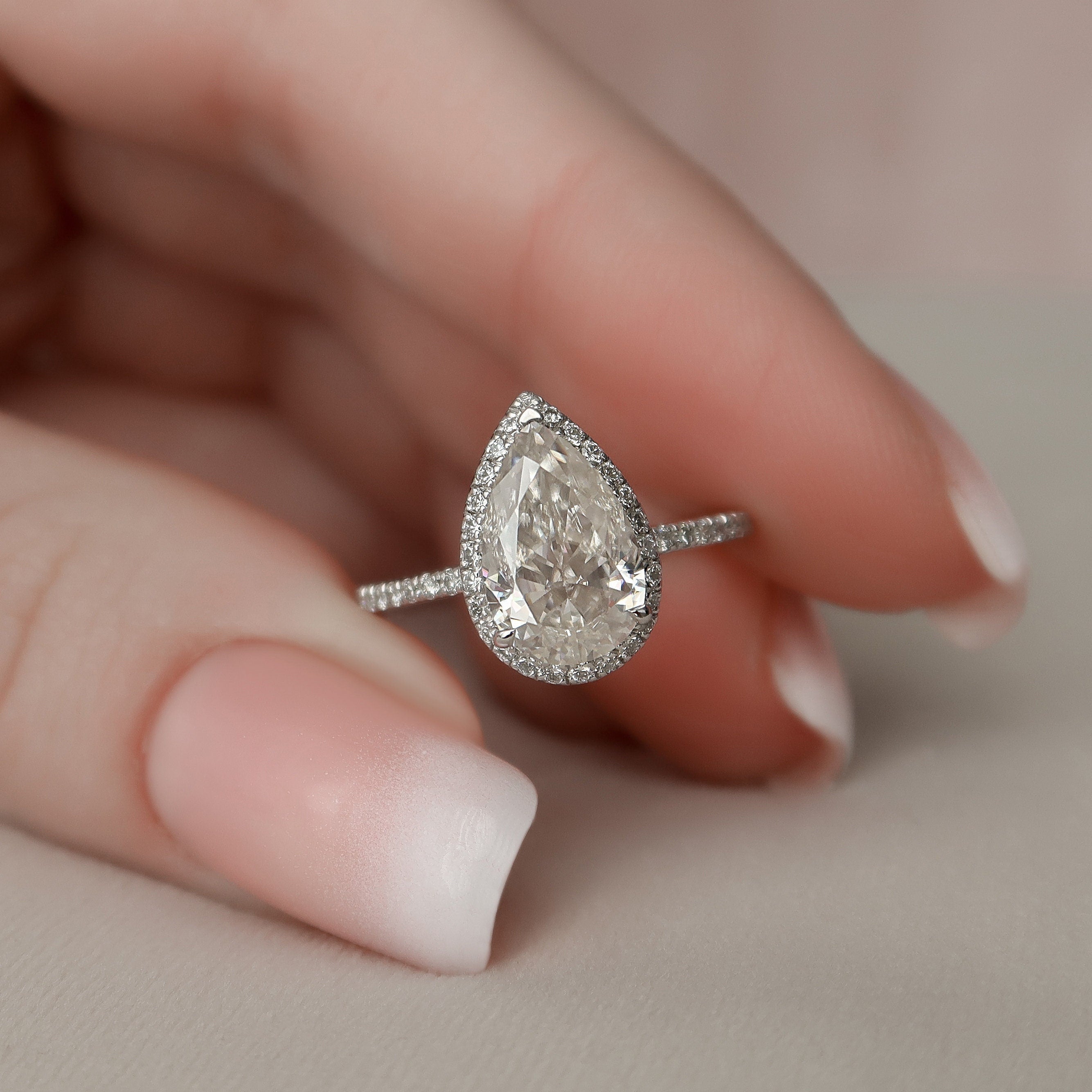 2.0CT Pear Moissanite Halo Pave Setting Engagement Ring