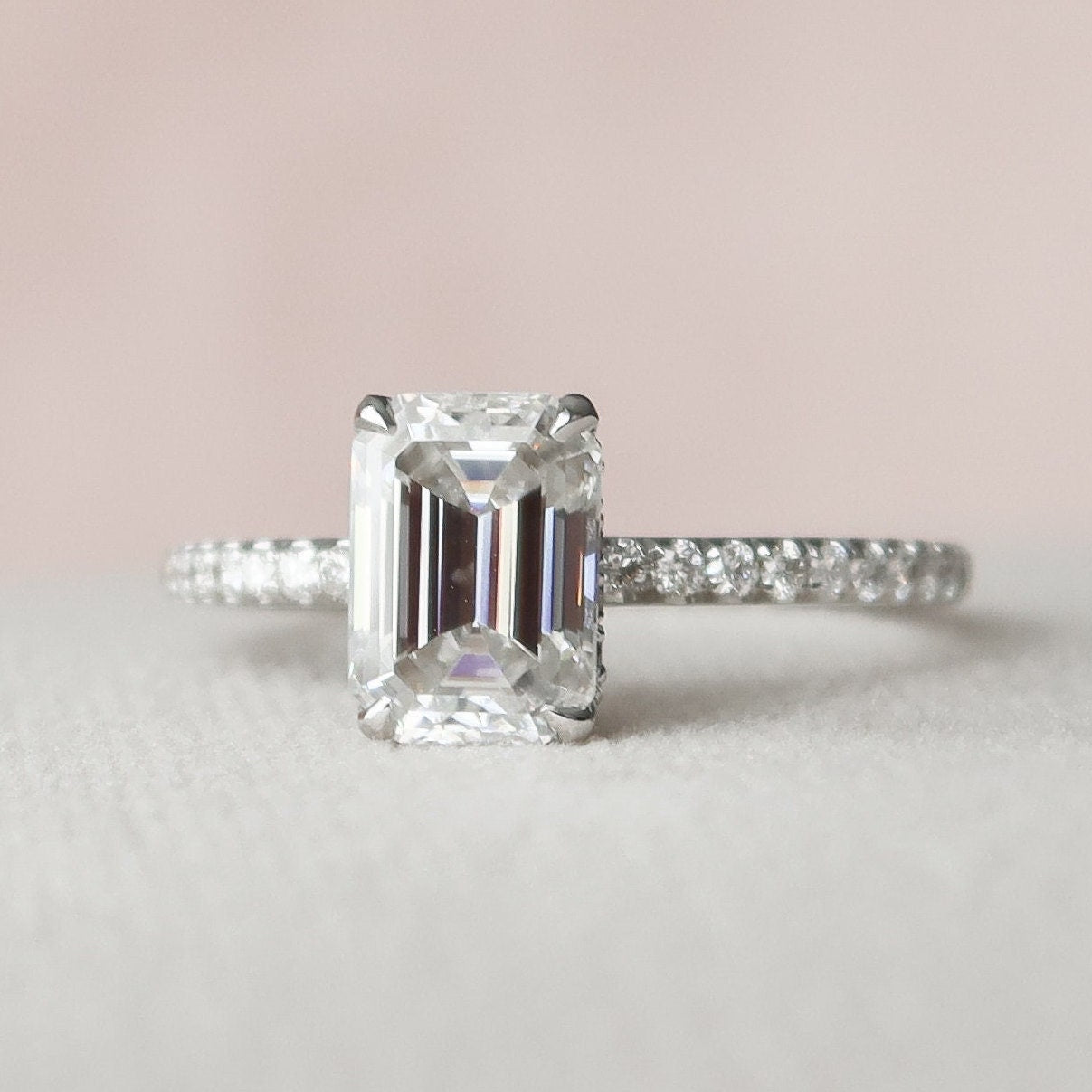 1.50CT Emerald Cut Hidden Halo Pave Style Moissanite Engagement Ring
