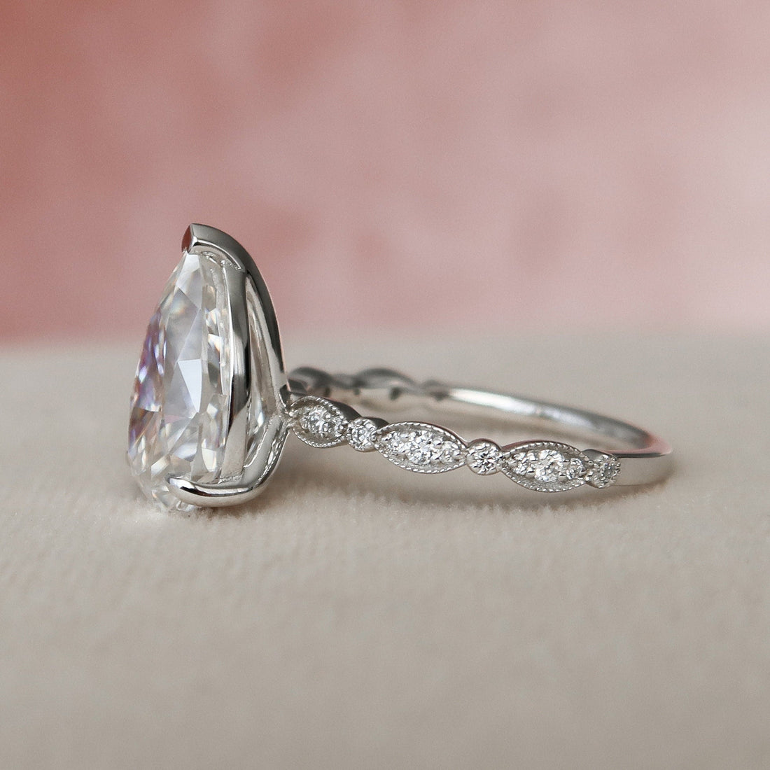 3.0CT Pear Moissanite Solitaire Art Deco Pave Setting Engagement Ring