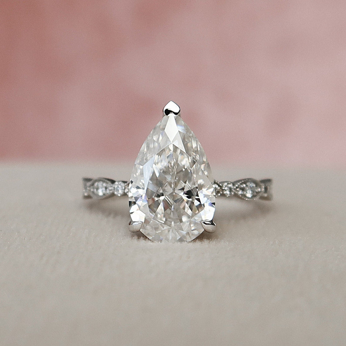 3.0CT Pear Moissanite Solitaire Art Deco Pave Setting Engagement Ring