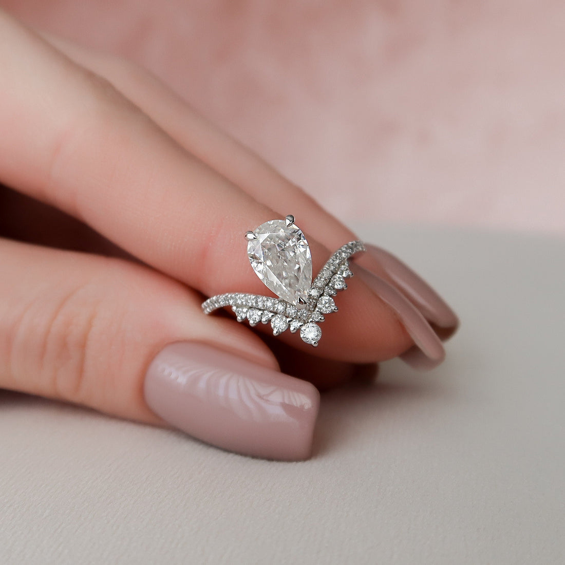 1.50CT Pear Shaped Moissanite Chevron Diamond Engagement Ring