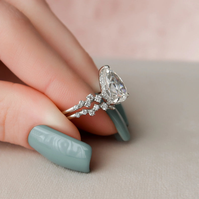 2.0CT Pear Cut Moissanite Hidden Halo Bridal Ring Set