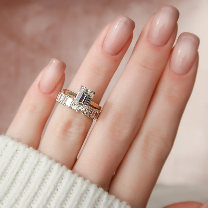 2.0CT Emerald Cut Moissanite Solitaire Bridal Ring Set