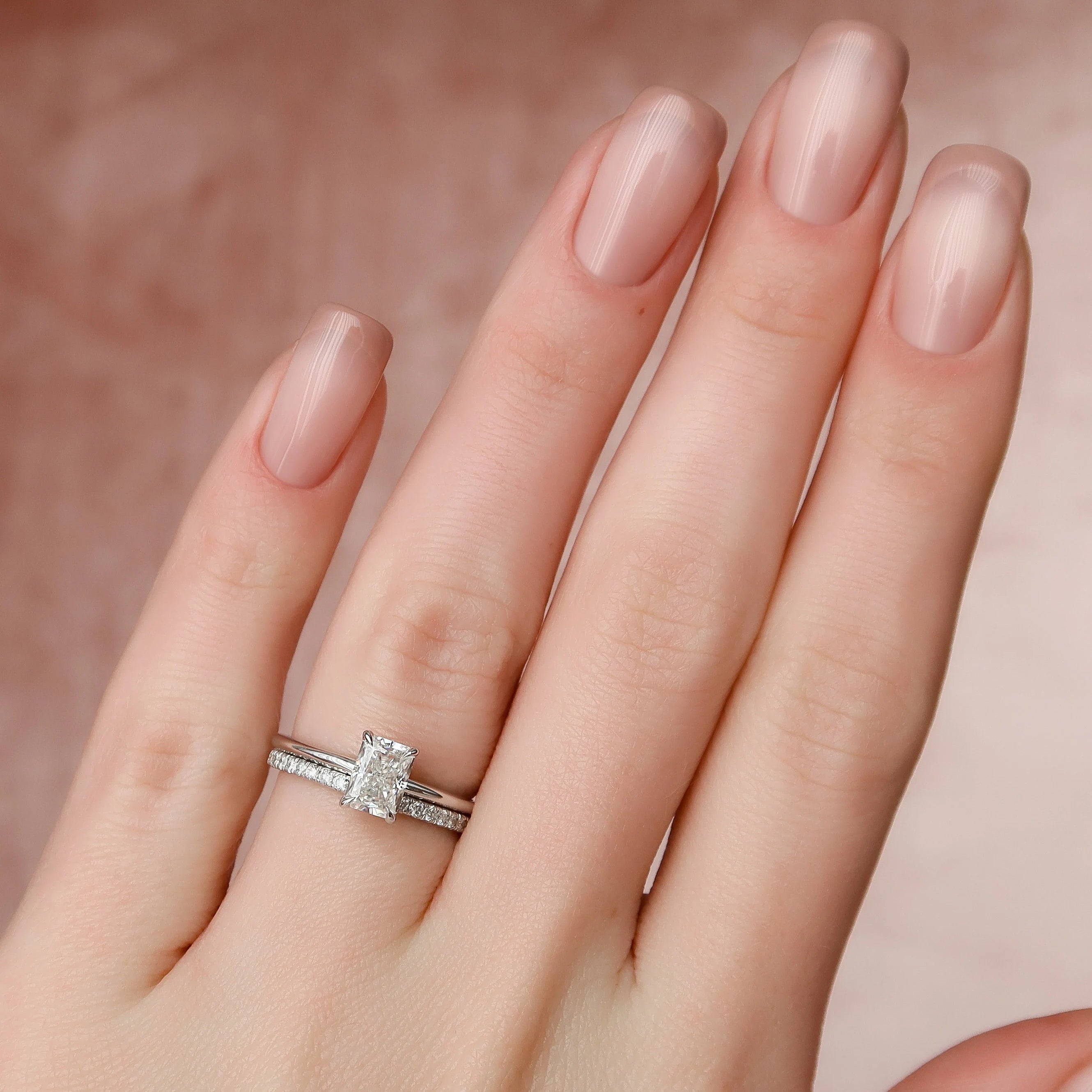 1.0CT Radiant Cut Moissanite Hidden Halo Bridal Ring Set