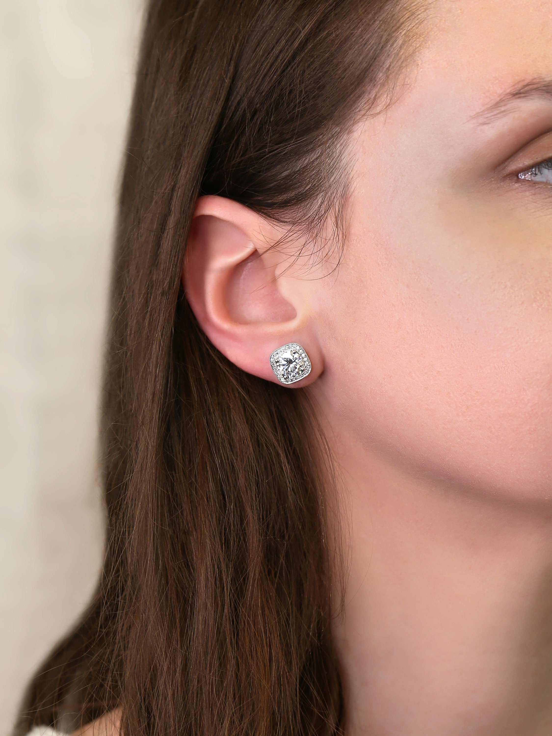 4ct Moissanite Diamonds Cushion Halo Stud Earrings