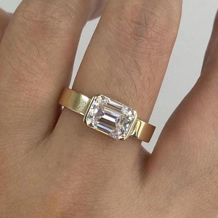 2.0CT East West Emerald Cut Moissanite Thick Band Engagement Ring