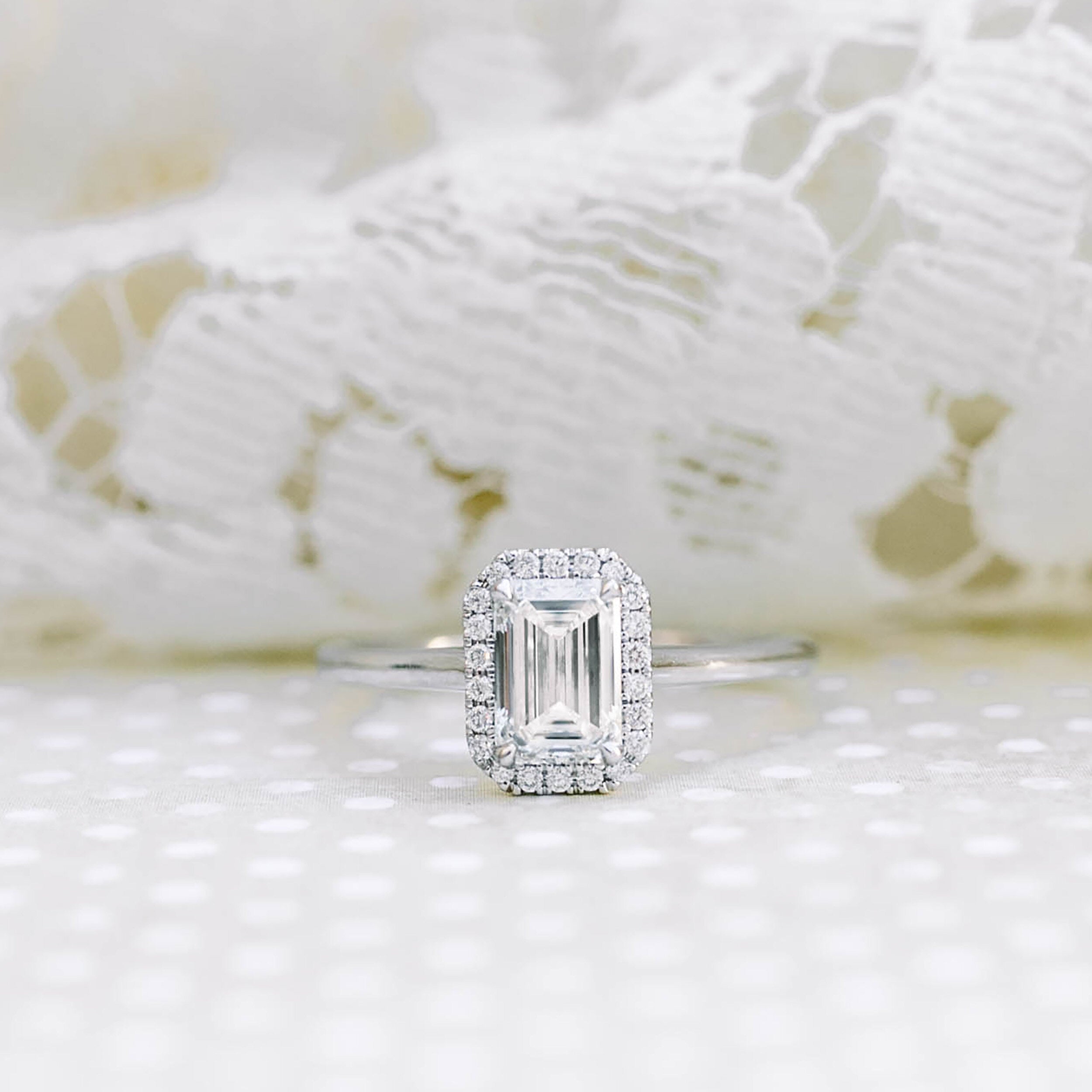1.0CT Emerald Cut Moissanite Halo Style Engagement Ring