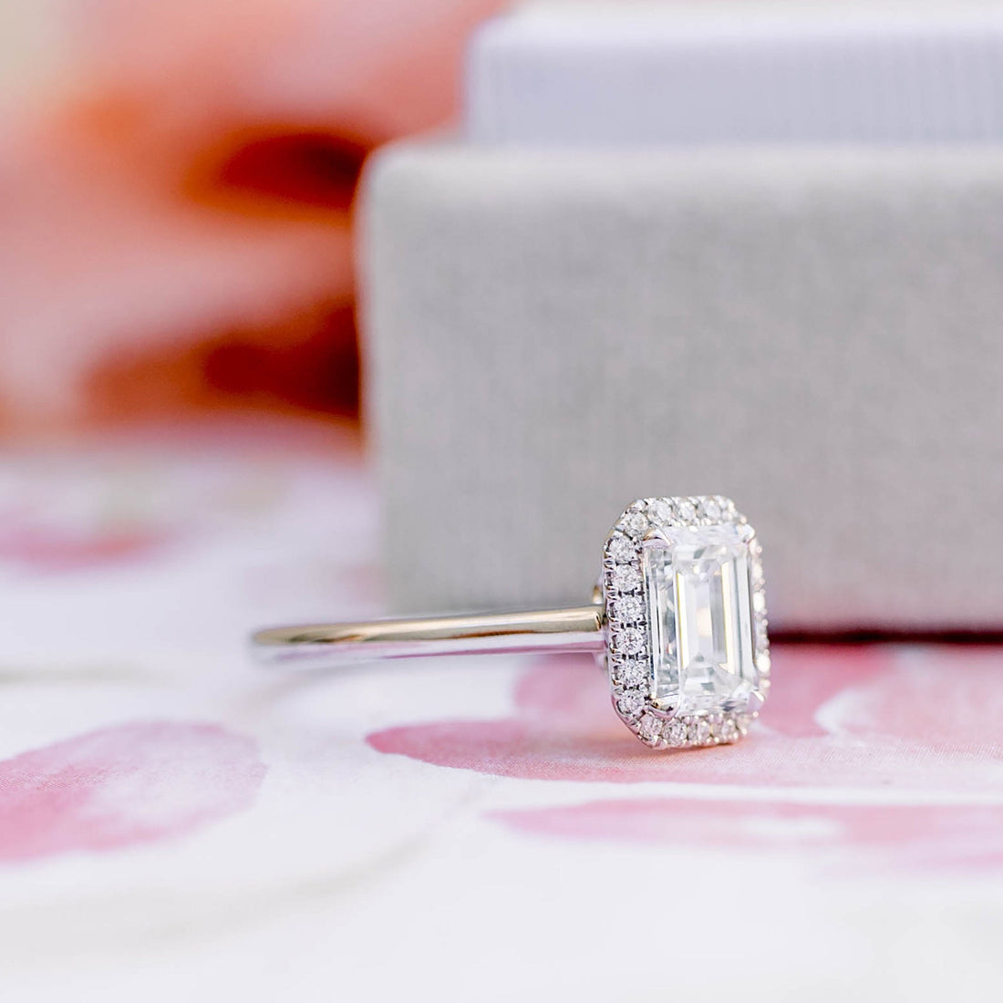 1.0CT Emerald Cut Moissanite Halo Style Engagement Ring
