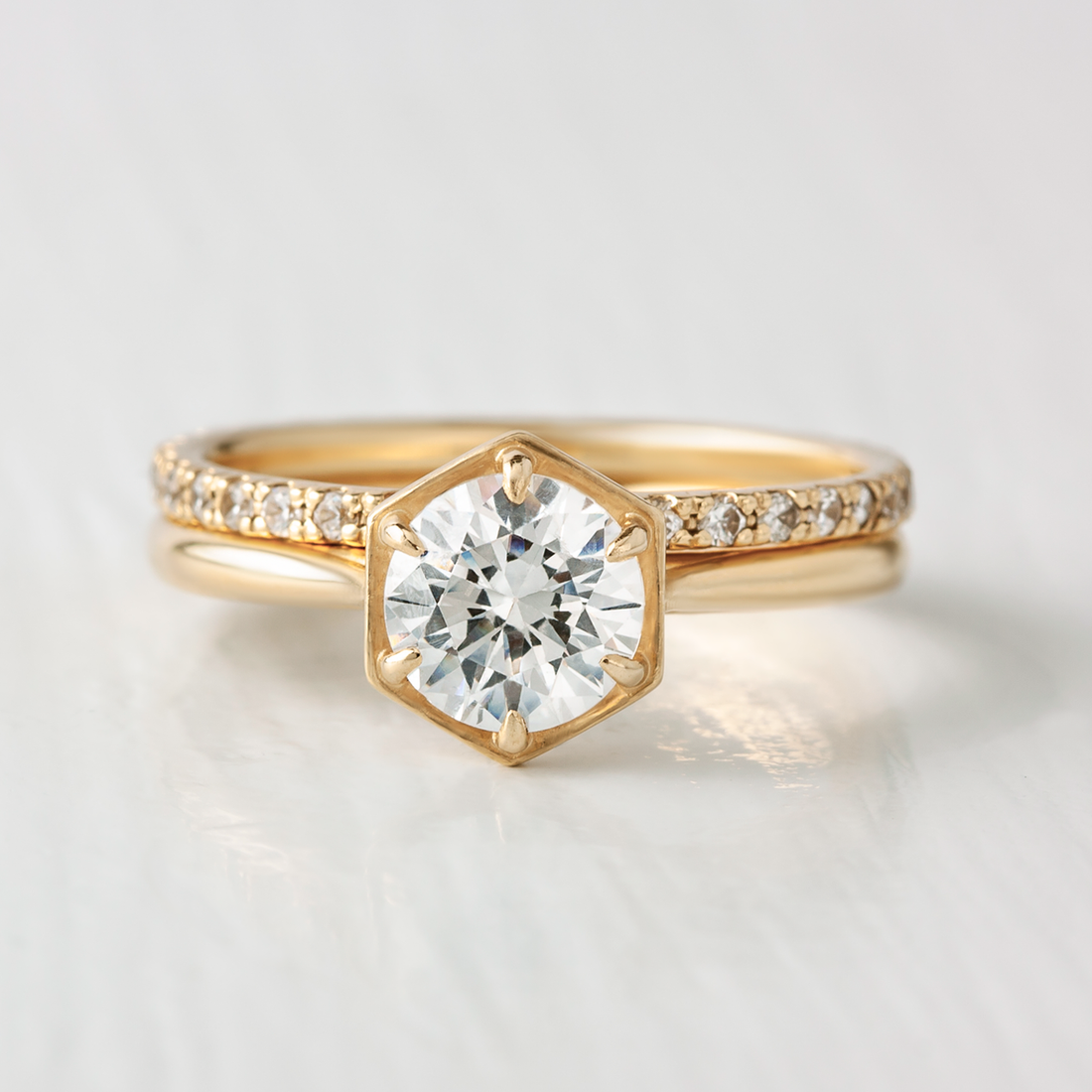 1.0CT Round Cut Hexagon Style Solitaire Moissanite Engagement Ring
