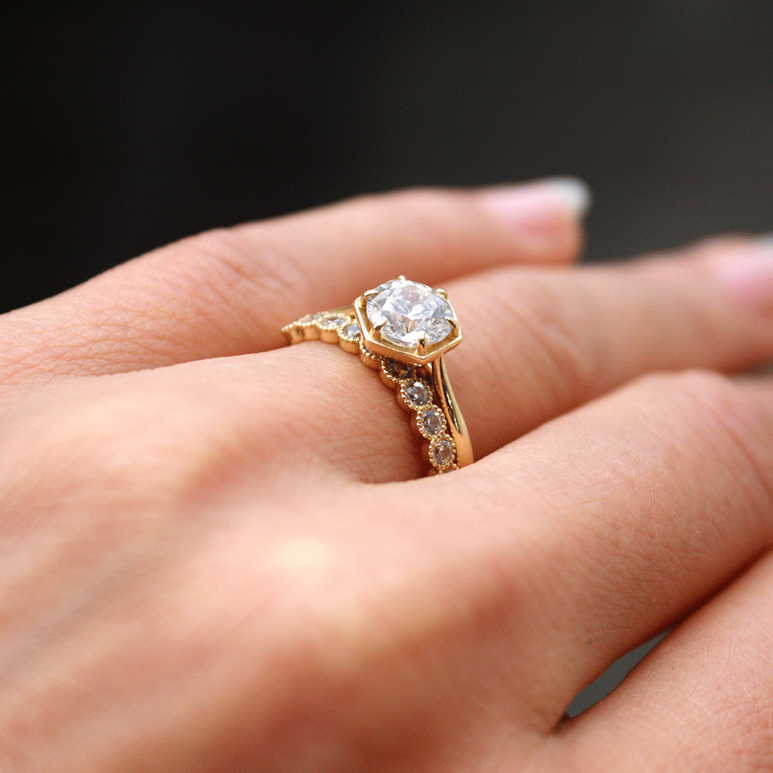 1.0CT Round Cut Hexagon Style Solitaire Moissanite Engagement Ring