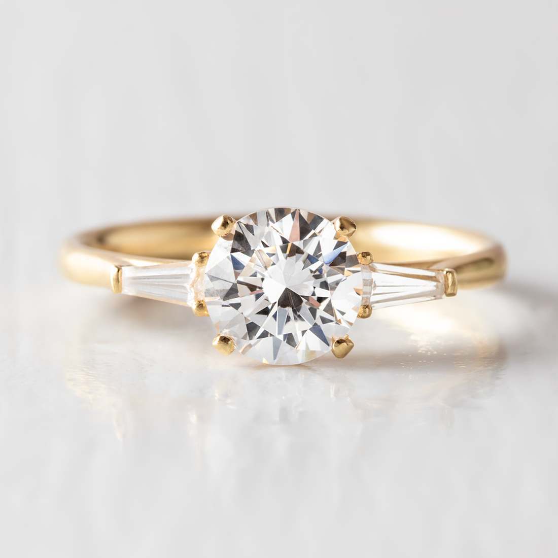 1.0CT Round & Baguette Three Stone Moissanite Engagement Ring