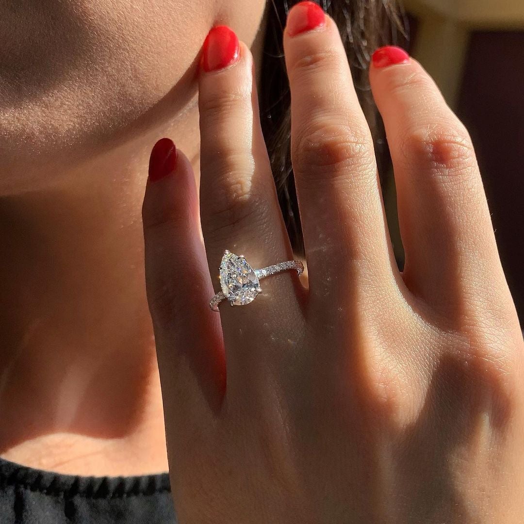 2.10CT Pear Moissanite Hidden Halo Pave Setting Engagement Ring