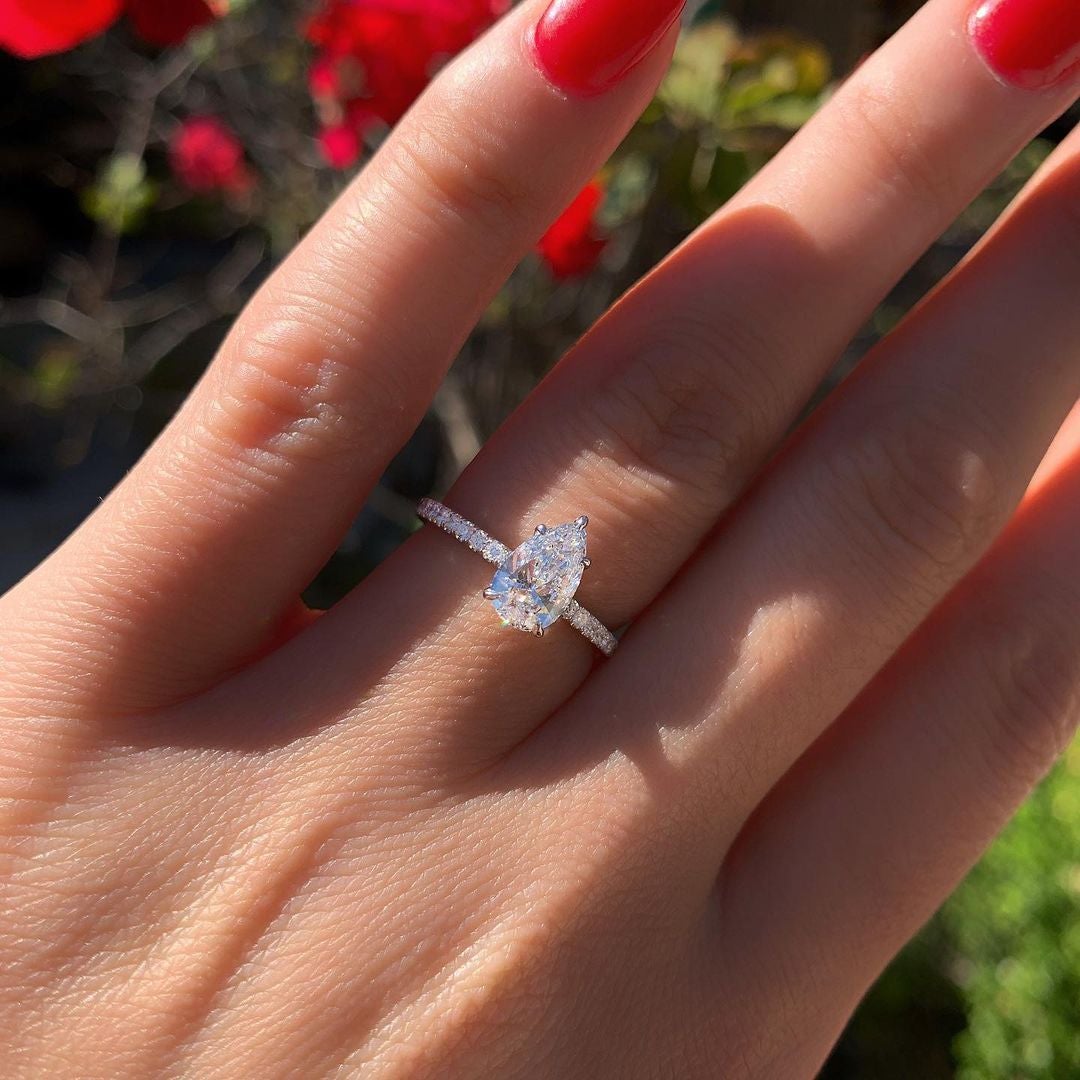 2.10CT Pear Moissanite Hidden Halo Pave Setting Engagement Ring