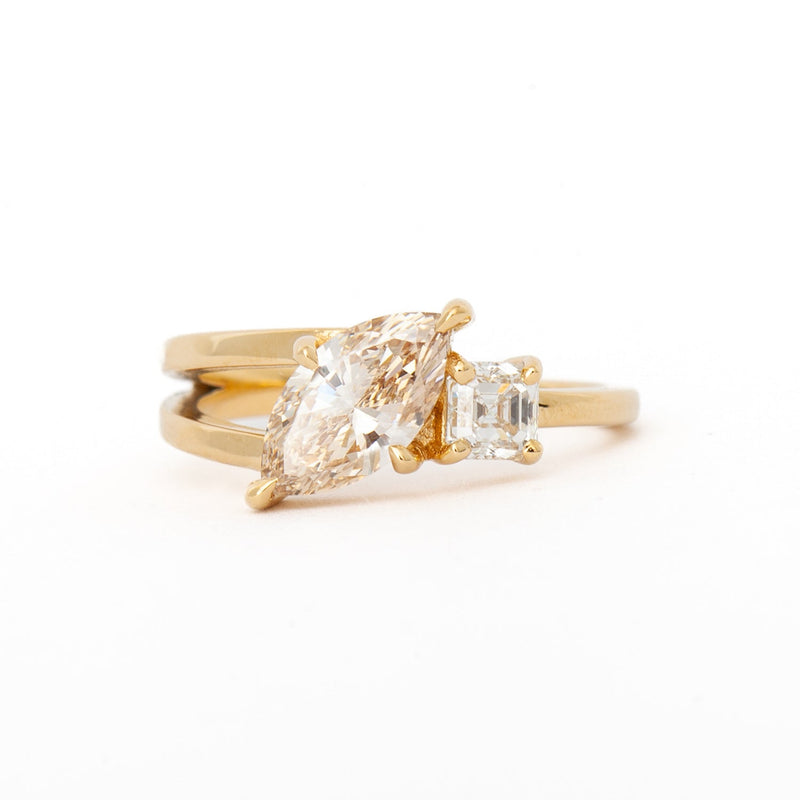 1.0CT-2.0CT Champagne Marquise & Asscher Diamond Two Stone Engagement Ring